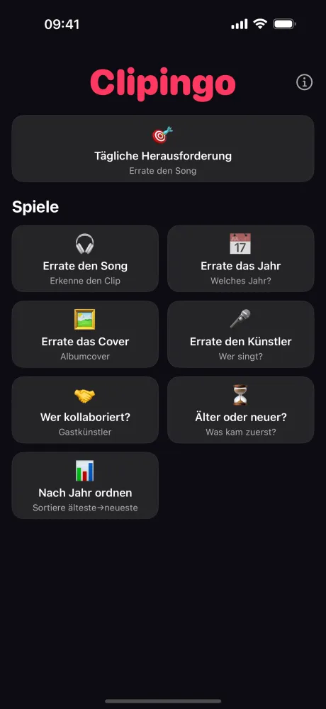 Clipingo-Startbildschirm mit Tägliche-Challenge-Banner und Spielmodi: Errate den Song, Errate das Jahr, Errate das Cover, Errate den Künstler und mehr