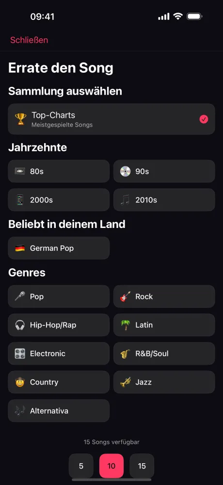 Errate-den-Song-Einrichtungsbildschirm — wähle eine Sammlung nach Top Charts, Jahrzehnt oder Genre, dann Rundenlänge und tippe auf Spielen