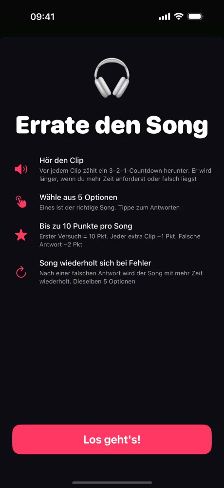 Errate-den-Song-Regelbildschirm — höre einen Clip, wähle aus 5 Optionen, verdiene bis zu 10 Punkte pro Song