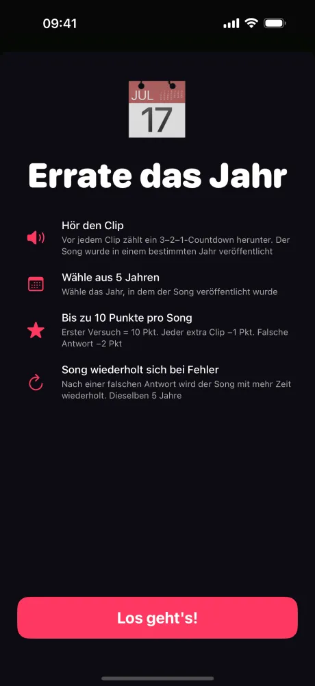 Errate-das-Jahr-Regelbildschirm — höre einen Clip, wähle das Erscheinungsjahr aus 5 Optionen, verdiene bis zu 10 Punkte