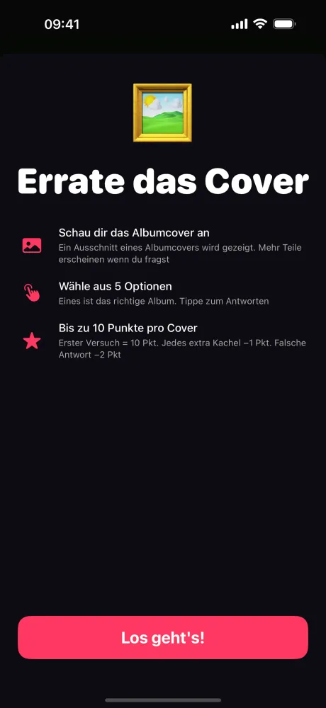 Errate-das-Cover-Regelbildschirm — sieh das Albumcover, wähle das passende Album aus 5 Optionen, verdiene bis zu 10 Punkte