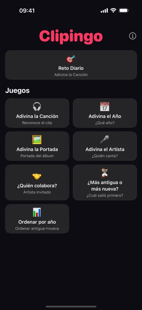Pantalla principal de Clipingo con banner Reto Diario y modos de juego: Adivina la Canción, Adivina el Año, Adivina la Portada, Adivina el Artista y más