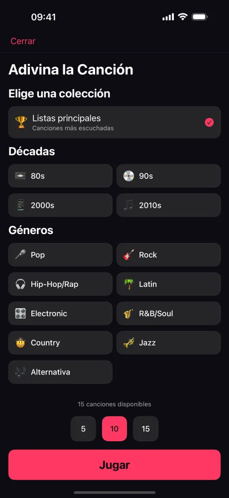 Pantalla de configuración de Adivina la Canción — selecciona colección por Top Charts, década o género, elige la duración de ronda y pulsa Jugar