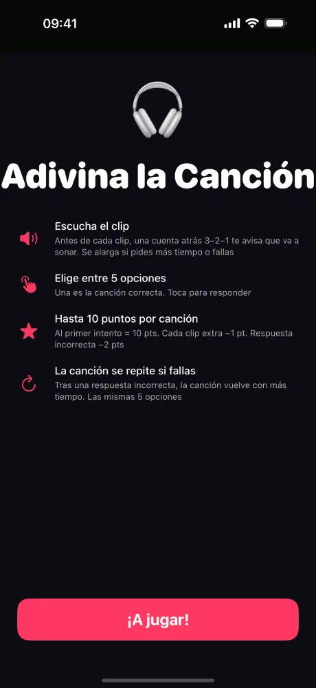 Pantalla de reglas de Adivina la Canción — escucha un clip, elige entre 5 opciones, gana hasta 10 puntos por canción