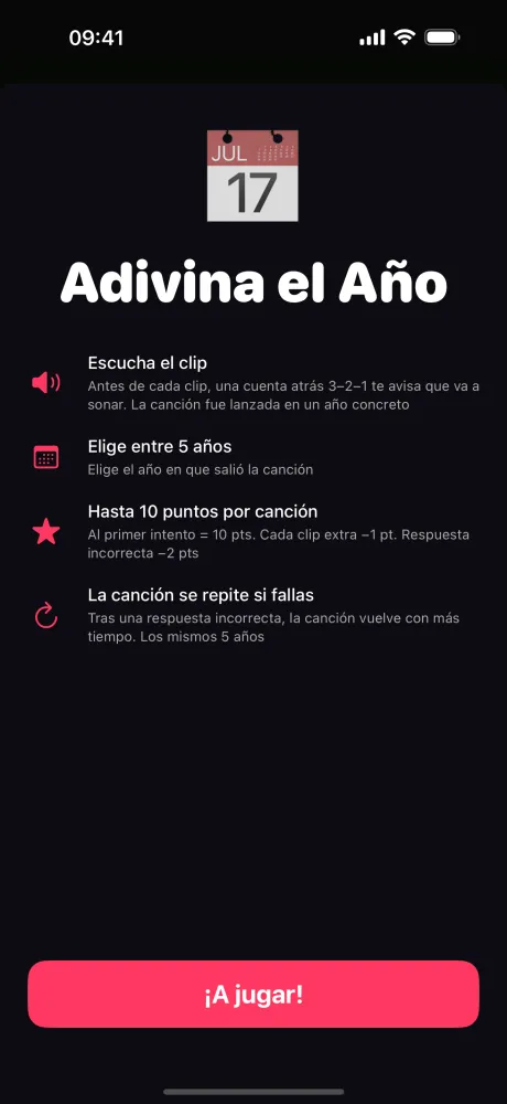 Pantalla de reglas de Adivina el Año — escucha un clip, elige el año de lanzamiento entre 5 opciones, gana hasta 10 puntos