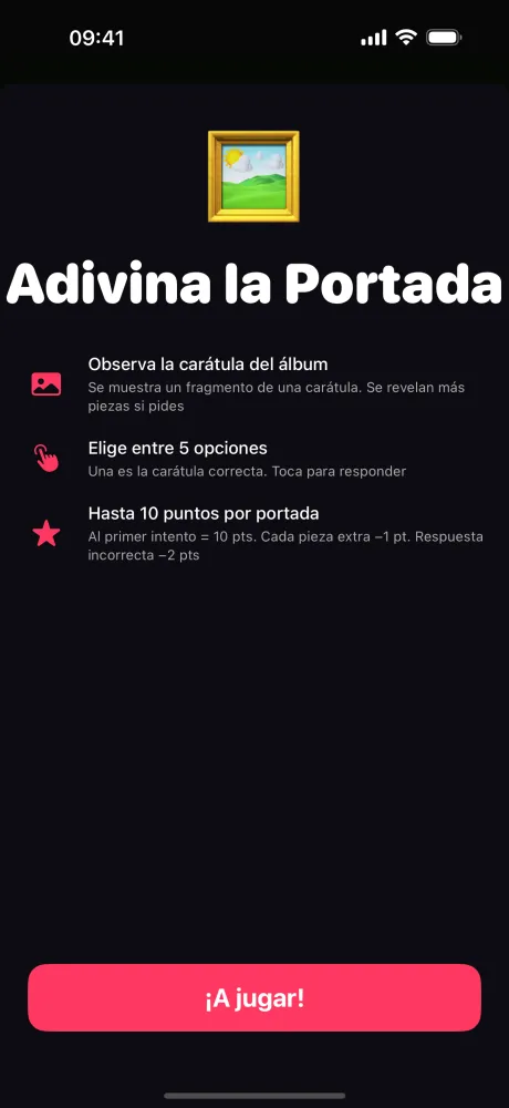 Pantalla de reglas de Adivina la Portada — ve la portada del álbum, elige el álbum correcto entre 5 opciones, gana hasta 10 puntos