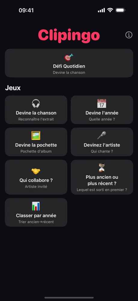 Écran d'accueil Clipingo avec bannière Défi Quotidien et modes de jeu : Devine la Chanson, Devine l'Année, Devine la Pochette, Devine l'Artiste et plus