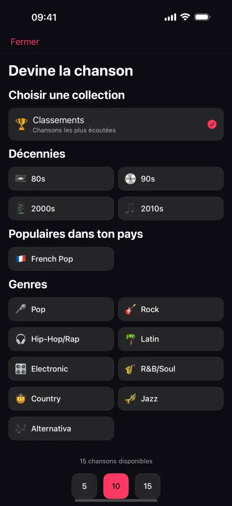 Écran de configuration Devine la Chanson — sélectionne une collection par Top Charts, décennie ou genre, choisis la durée de manche et appuie sur Jouer
