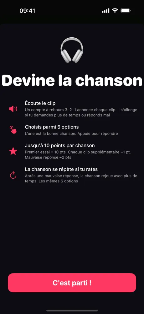 Écran des règles Devine la Chanson — écoute un extrait, choisis parmi 5 options, gagne jusqu'à 10 points par chanson