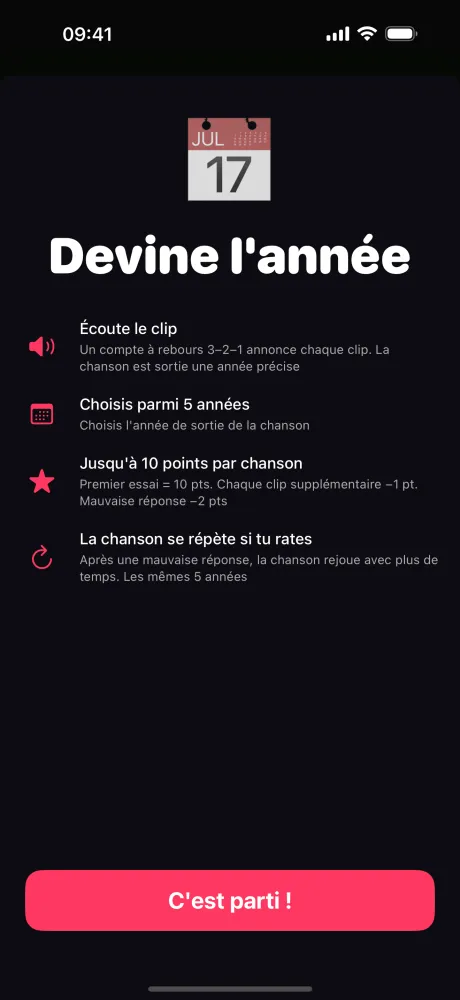 Écran des règles Devine l'Année — écoute un extrait, sélectionne l'année de sortie parmi 5 options, gagne jusqu'à 10 points