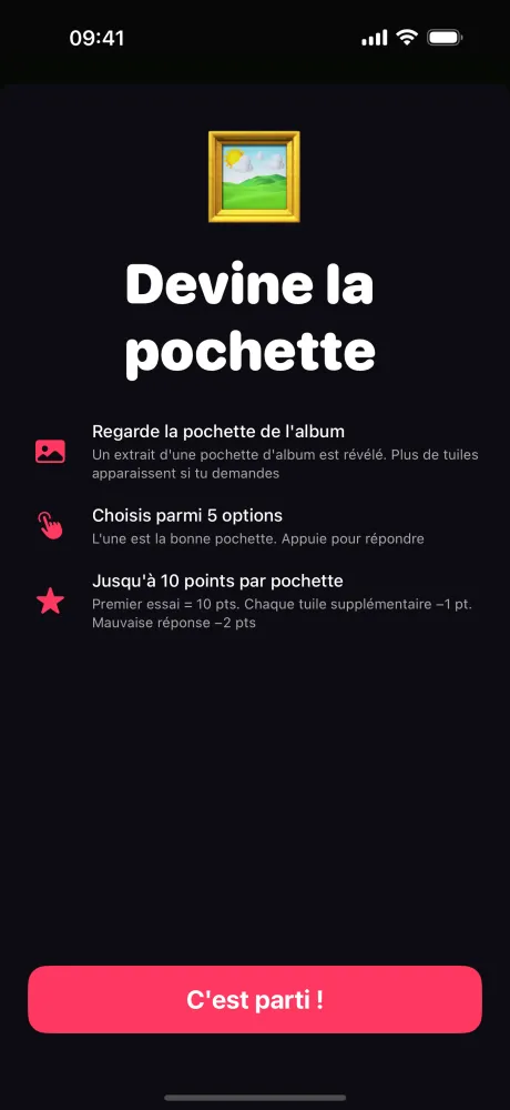 Écran des règles Devine la Pochette — vois la pochette d'album, choisis l'album correspondant parmi 5 options, gagne jusqu'à 10 points