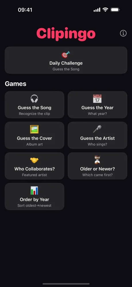 Schermata principale di Clipingo con banner Sfida Giornaliera e modalità di gioco: Indovina la Canzone, Indovina l'Anno, Indovina la Copertina, Indovina l'Artista e altro